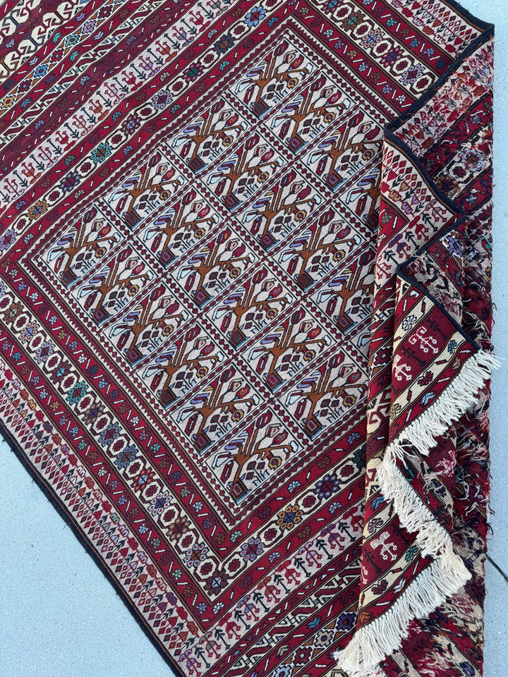 4x6-7 Vintage Handmade Afghan Soumak Rug | Blood Crimson Red Cream Sky Denim Blue Burgundy Olive Pine Green Lavender Black Caramel Brown