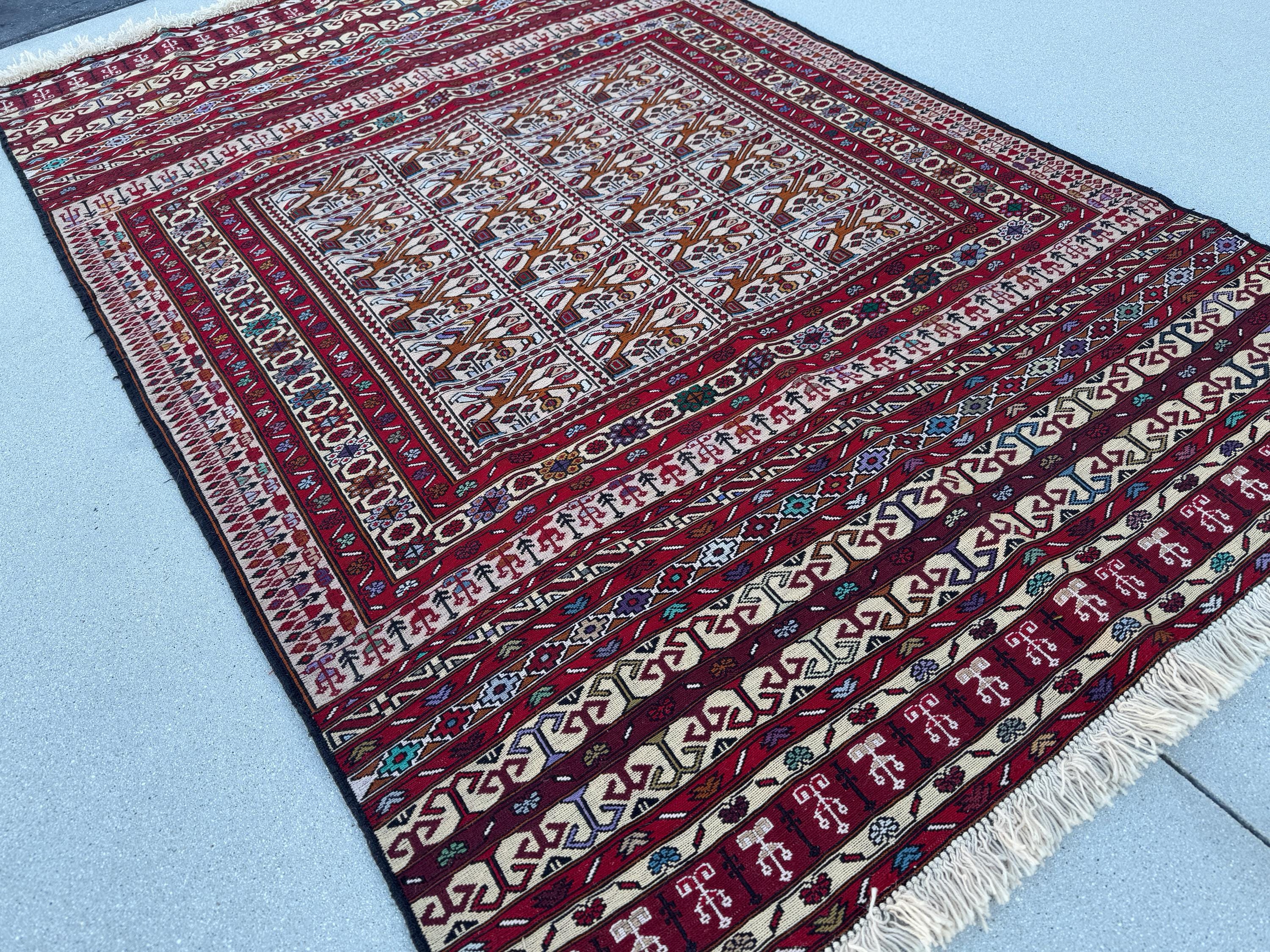 4x6-7 Vintage Handmade Afghan Soumak Rug | Blood Crimson Red Cream Sky Denim Blue Burgundy Olive Pine Green Lavender Black Caramel Brown