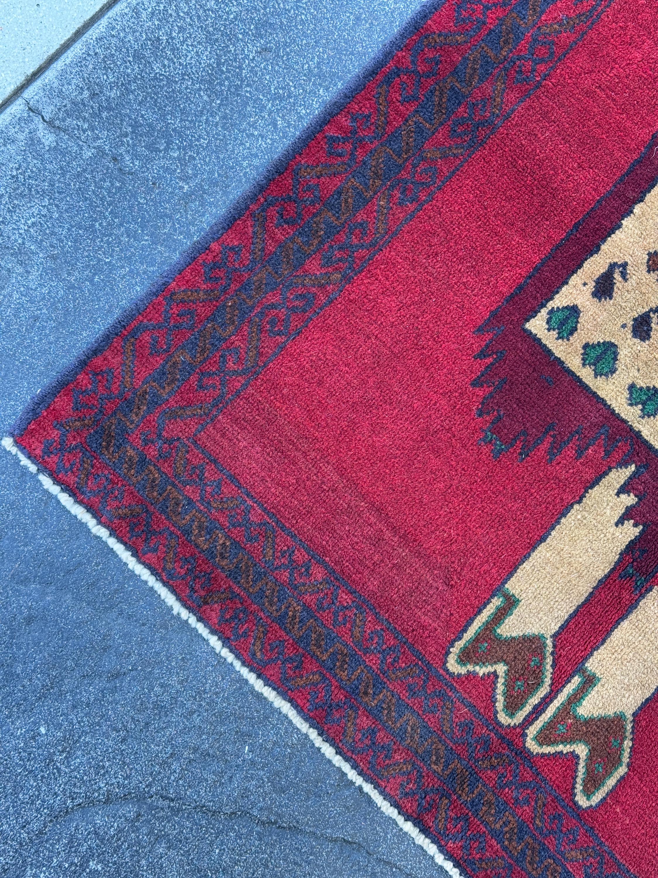 3x5 (90x152) Handmade Vintage Afghan Rug | Crimson Blood Burgundy Red Cream Beige Tan Forest Green Navy Midnight Blue Caramel Brown | Wool