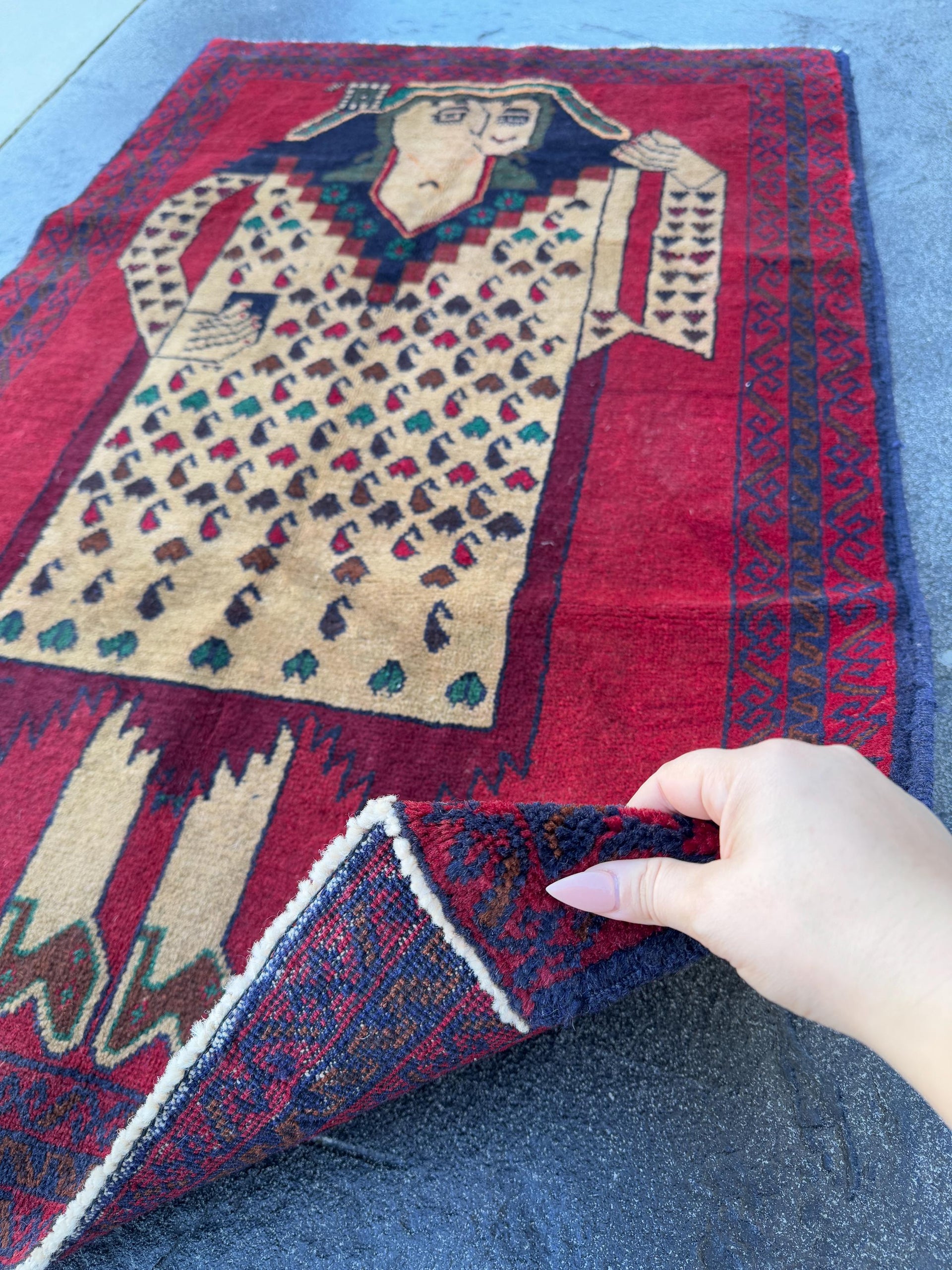 3x5 (90x152) Handmade Vintage Afghan Rug | Crimson Blood Burgundy Red Cream Beige Tan Forest Green Navy Midnight Blue Caramel Brown | Wool