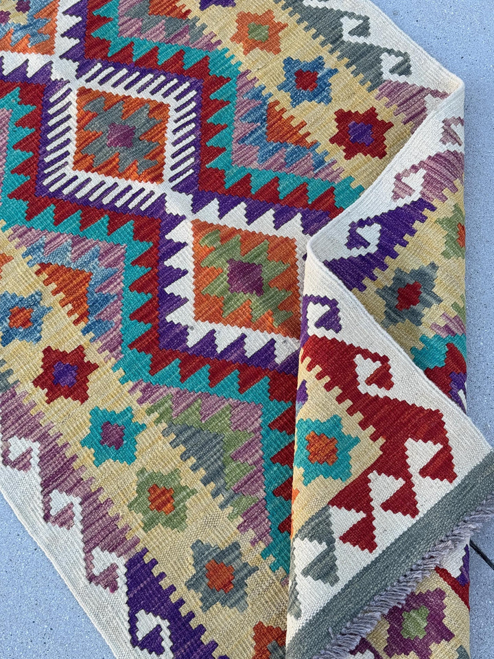 3x6-7 Handmade Afghan Kilim Runner Rug | Cream Saffron Teal Dusty Aqua Denim Blue Eggplant Purple Mauve Crimson Red Burnt Orange Moss Green