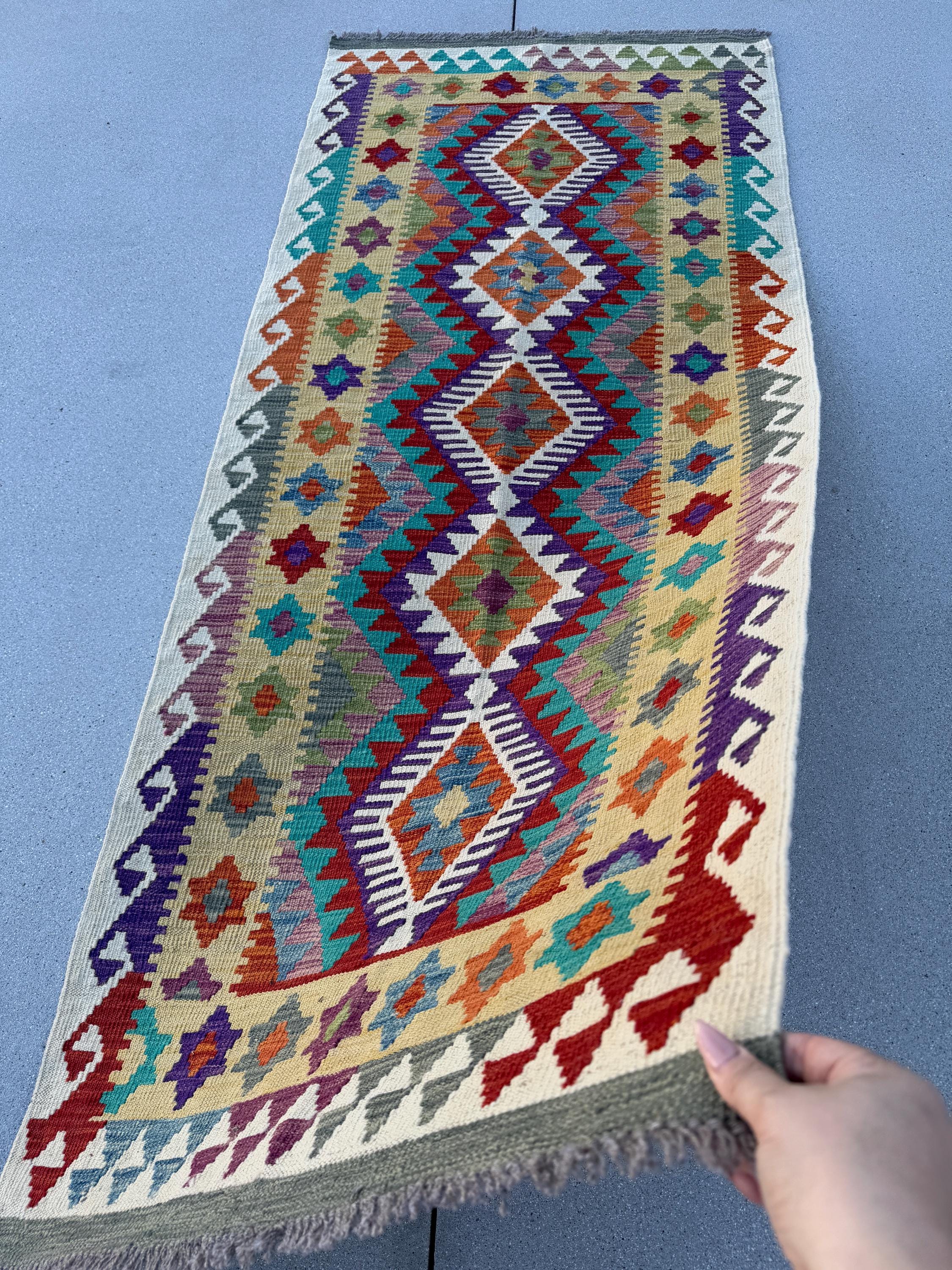 3x6-7 Handmade Afghan Kilim Runner Rug | Cream Saffron Teal Dusty Aqua Denim Blue Eggplant Purple Mauve Crimson Red Burnt Orange Moss Green