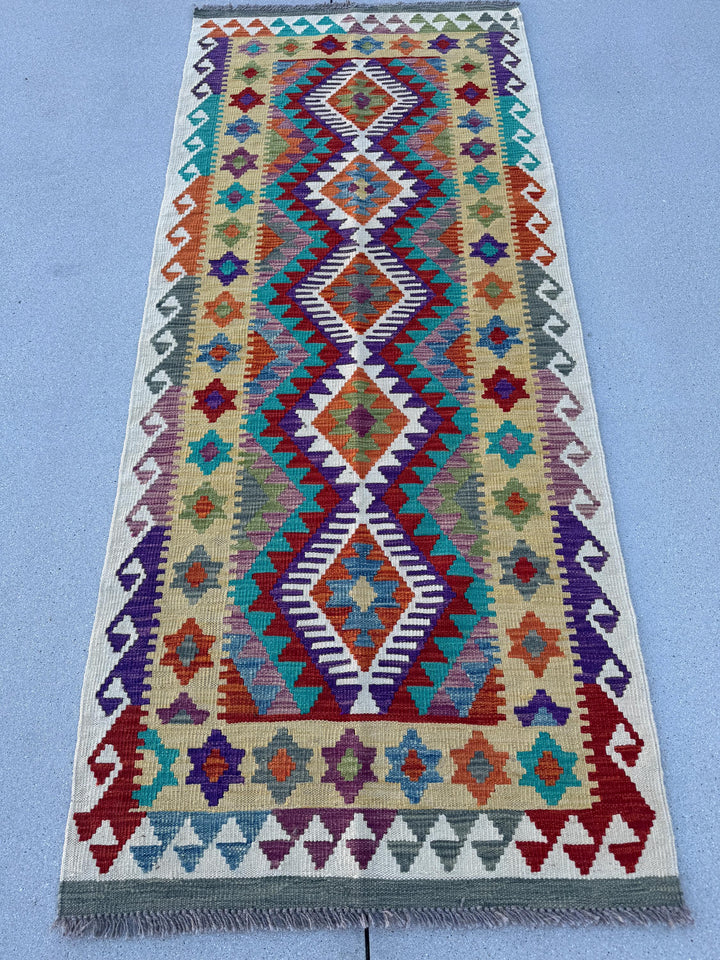 3x6-7 Handmade Afghan Kilim Runner Rug | Cream Saffron Teal Dusty Aqua Denim Blue Eggplant Purple Mauve Crimson Red Burnt Orange Moss Green