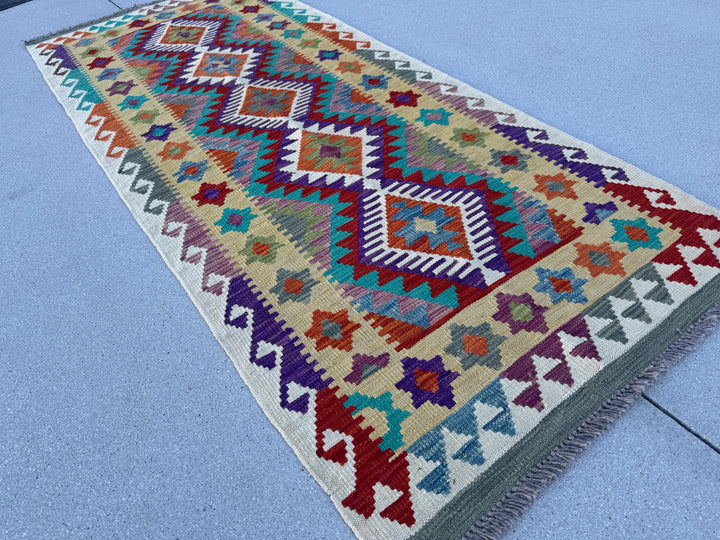 3x6-7 Handmade Afghan Kilim Runner Rug | Cream Saffron Teal Dusty Aqua Denim Blue Eggplant Purple Mauve Crimson Red Burnt Orange Moss Green