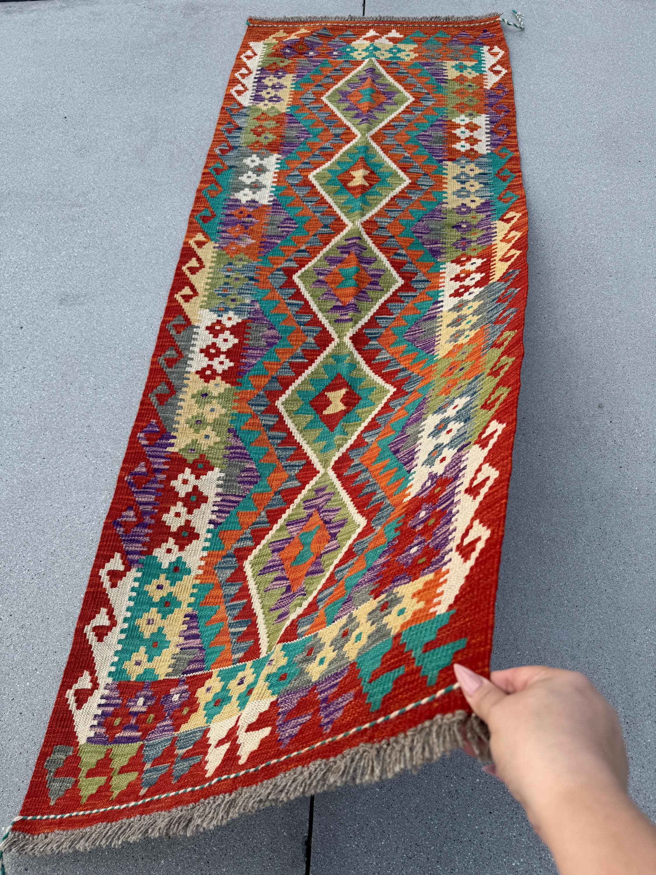 2x7 (71x200) Handmade Kilim Afghan Runner Rug | Crimson Blood Red Burnt Orange Ivory Cream Sage Green Denim Blue Turquoise | Nomadic Turkish