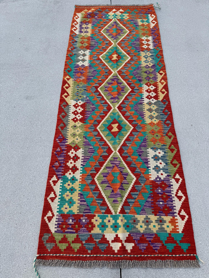 2x7 (71x200) Handmade Kilim Afghan Runner Rug | Crimson Blood Red Burnt Orange Ivory Cream Sage Green Denim Blue Turquoise | Nomadic Turkish