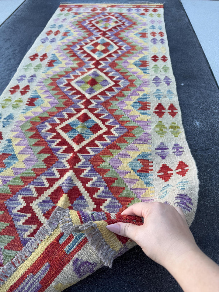 3x6 (76x190)Handmade Afghan Kilim Runner Rug |Slate Grey Cream Gold Olive Moss Green Lavender Denim Teal Blue Crimson Brick Red Maroon