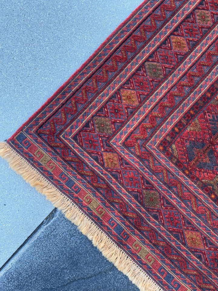 5x7 (152x200) Handmade Afghan Rug | Navy Blue Crimson Red Gold Mauve Brick Red Ivory Taupe Moss Green | Geometric Wool Hand Knotted Boho