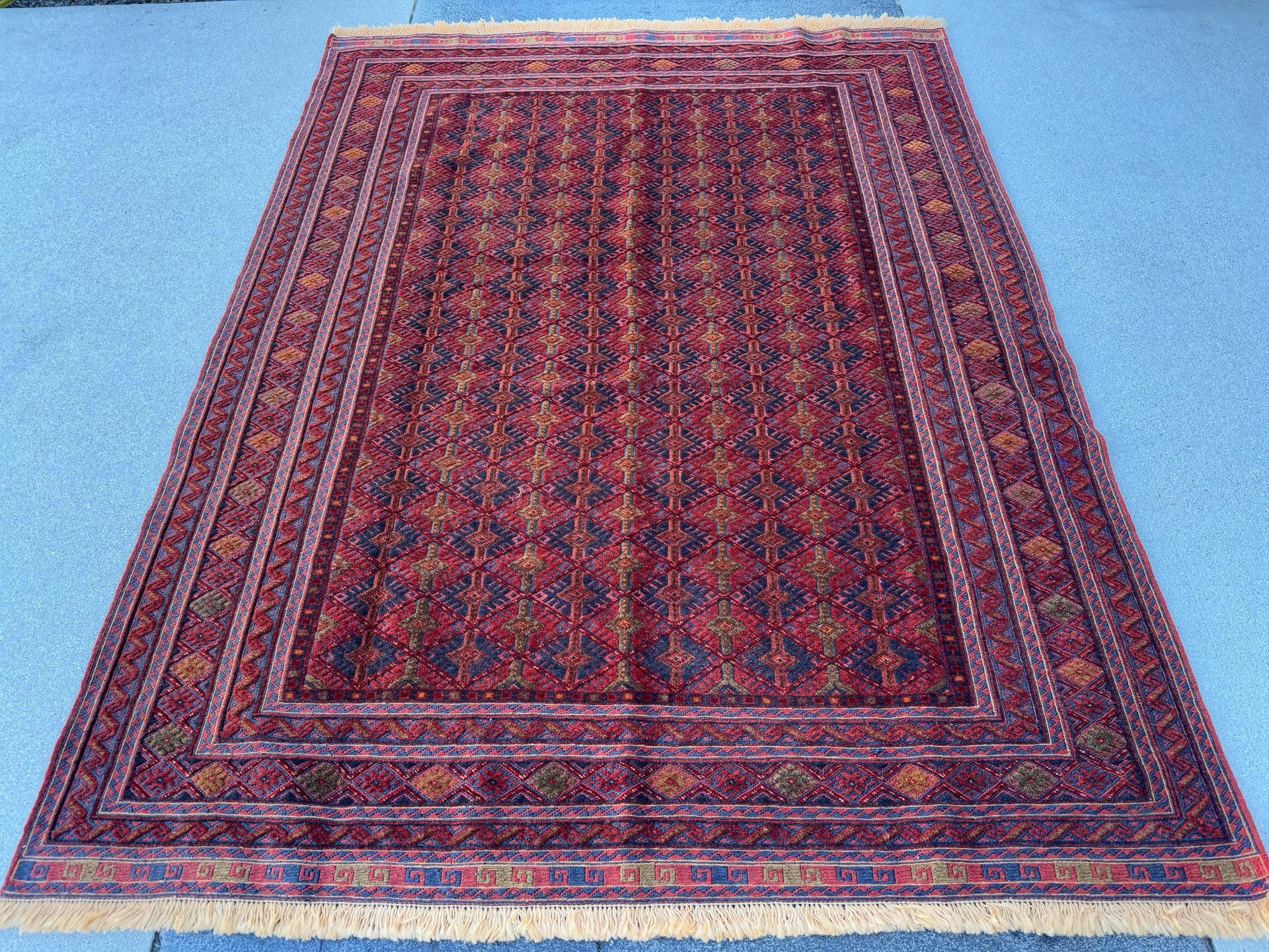5x7 (152x200) Handmade Afghan Rug | Navy Blue Crimson Red Gold Mauve Brick Red Ivory Taupe Moss Green | Geometric Wool Hand Knotted Boho