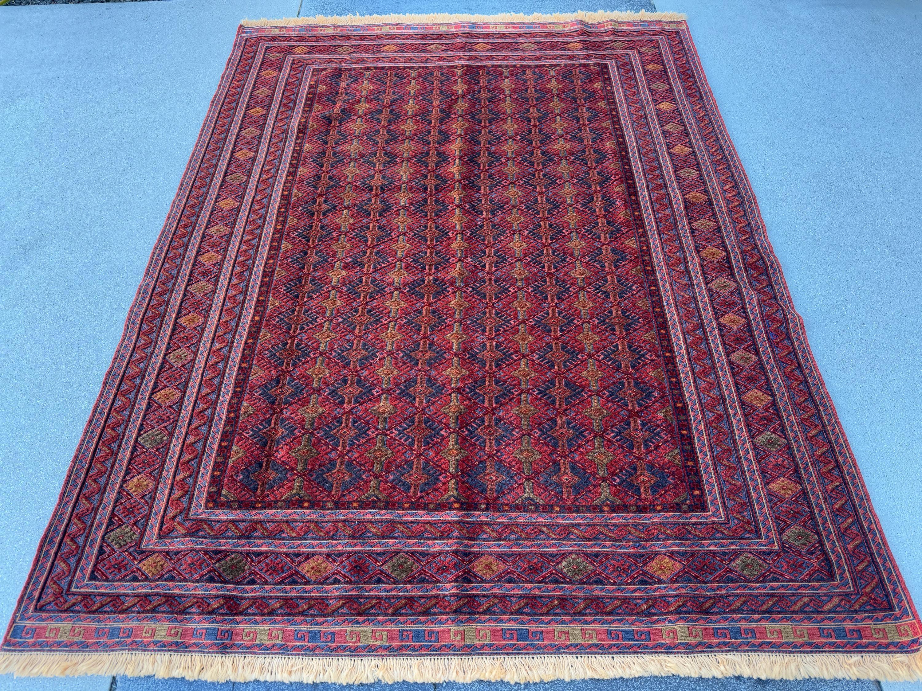 5x7 (152x200) Handmade Afghan Rug | Navy Blue Crimson Red Gold Mauve Brick Red Ivory Taupe Moss Green | Geometric Wool Hand Knotted Boho