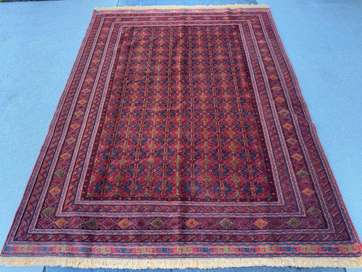 5x7 (152x200) Handmade Afghan Rug | Navy Blue Crimson Red Gold Mauve Brick Red Ivory Taupe Moss Green | Geometric Wool Hand Knotted Boho