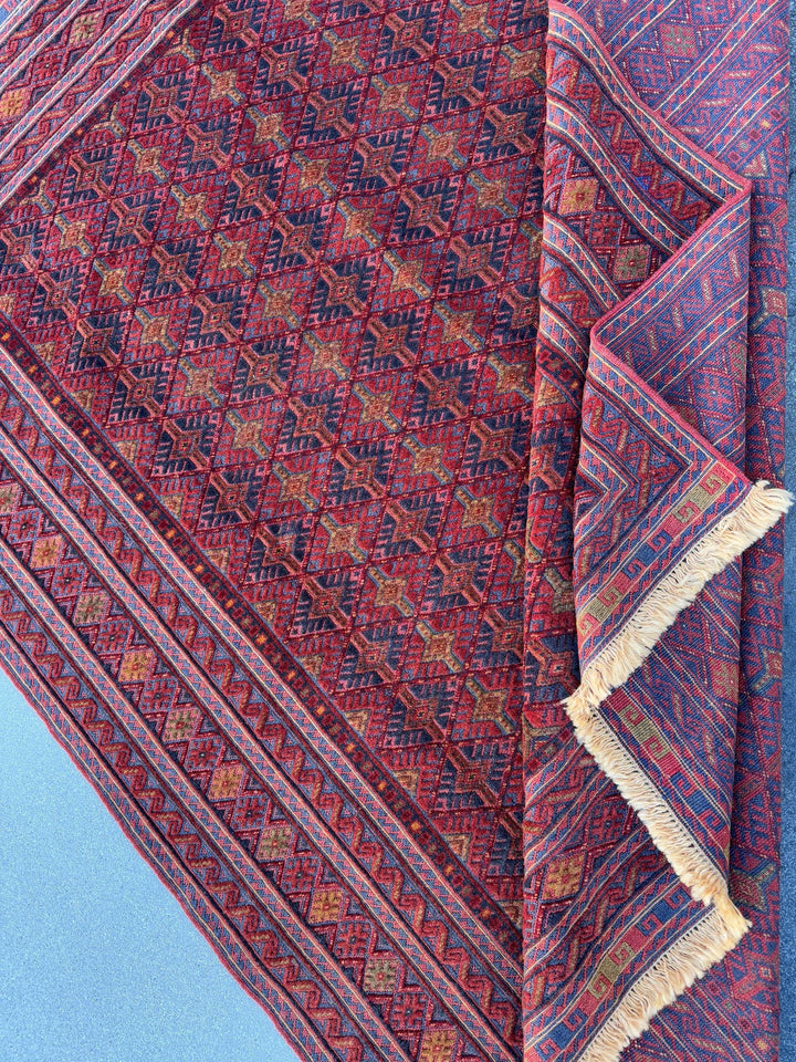 5x7 (152x200) Handmade Afghan Rug | Navy Blue Crimson Red Gold Mauve Brick Red Ivory Taupe Moss Green | Geometric Wool Hand Knotted Boho