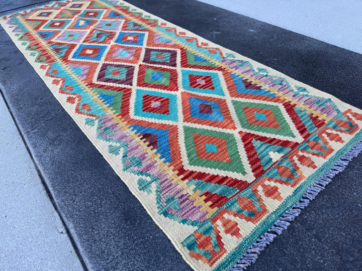 3x7 (73x203)Handmade Afghan Kilim Runner Rug | Cream Gold Rust Orange Moss Green Lavender Denim Teal Turquoise Blue Crimson Brick Red Maroon