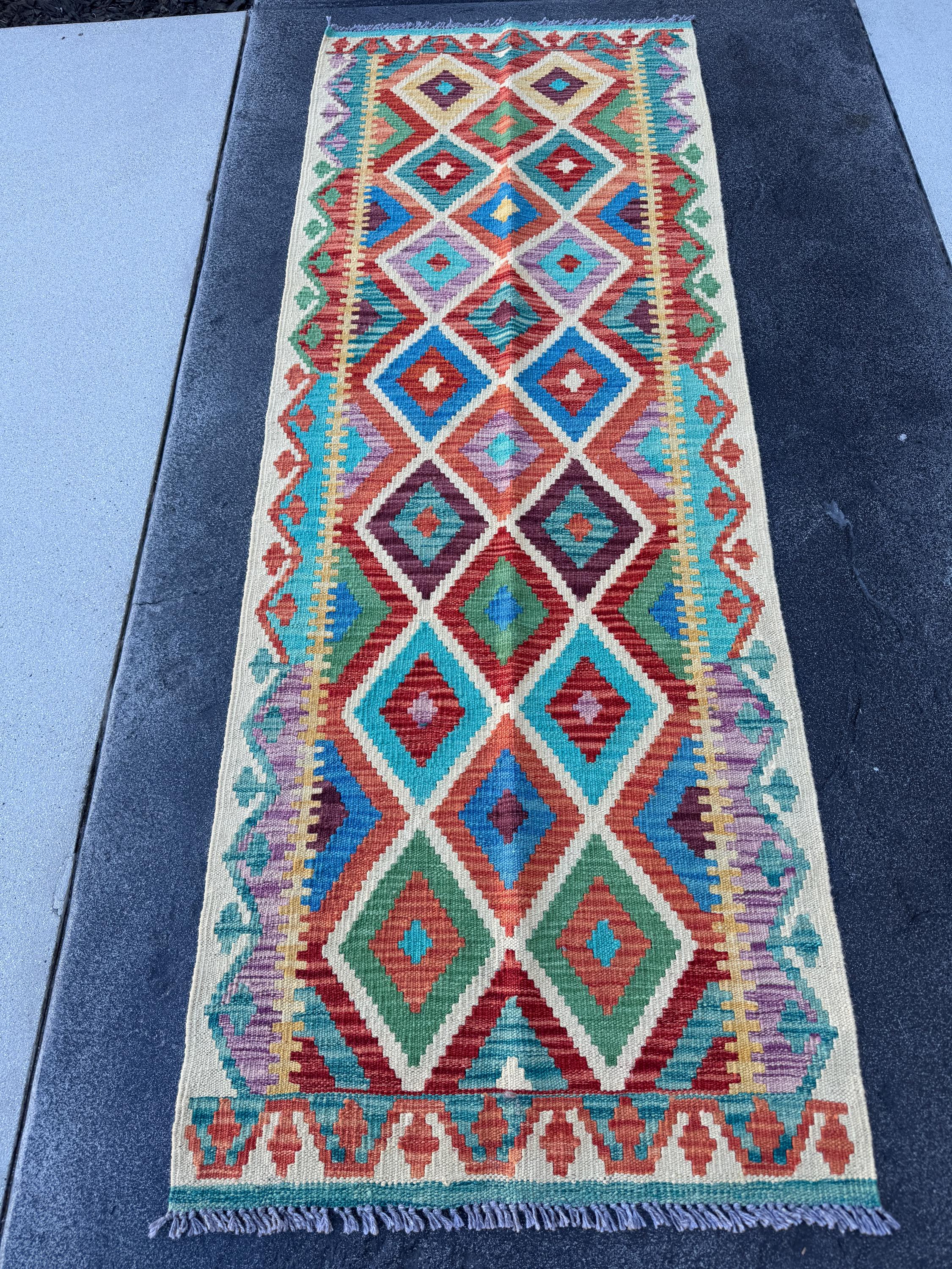 3x7 (73x203)Handmade Afghan Kilim Runner Rug | Cream Gold Rust Orange Moss Green Lavender Denim Teal Turquoise Blue Crimson Brick Red Maroon