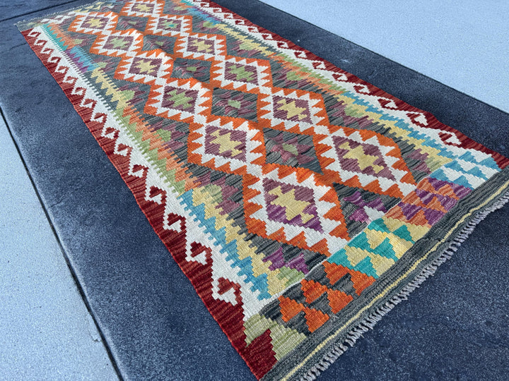 3x7 (83x200) Handmade Kilim Afghan Runner Rug | Crimson Blood Red Burnt Orange Ivory Cream Sage Green Denim Blue Turquoise Eggplant Purple