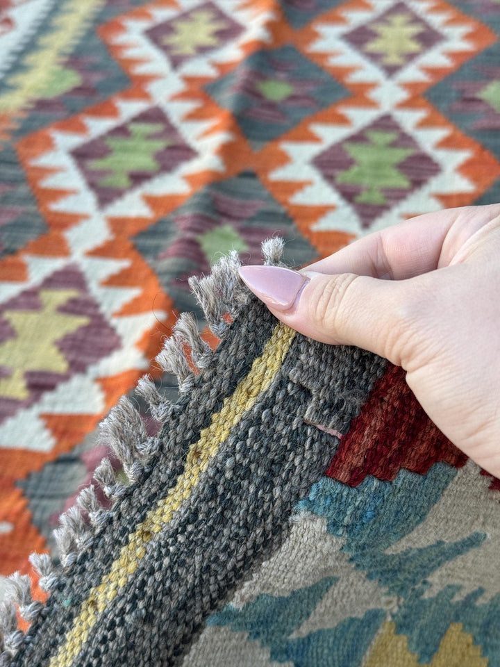 3x7 (83x200) Handmade Kilim Afghan Runner Rug | Crimson Blood Red Burnt Orange Ivory Cream Sage Green Denim Blue Turquoise Eggplant Purple