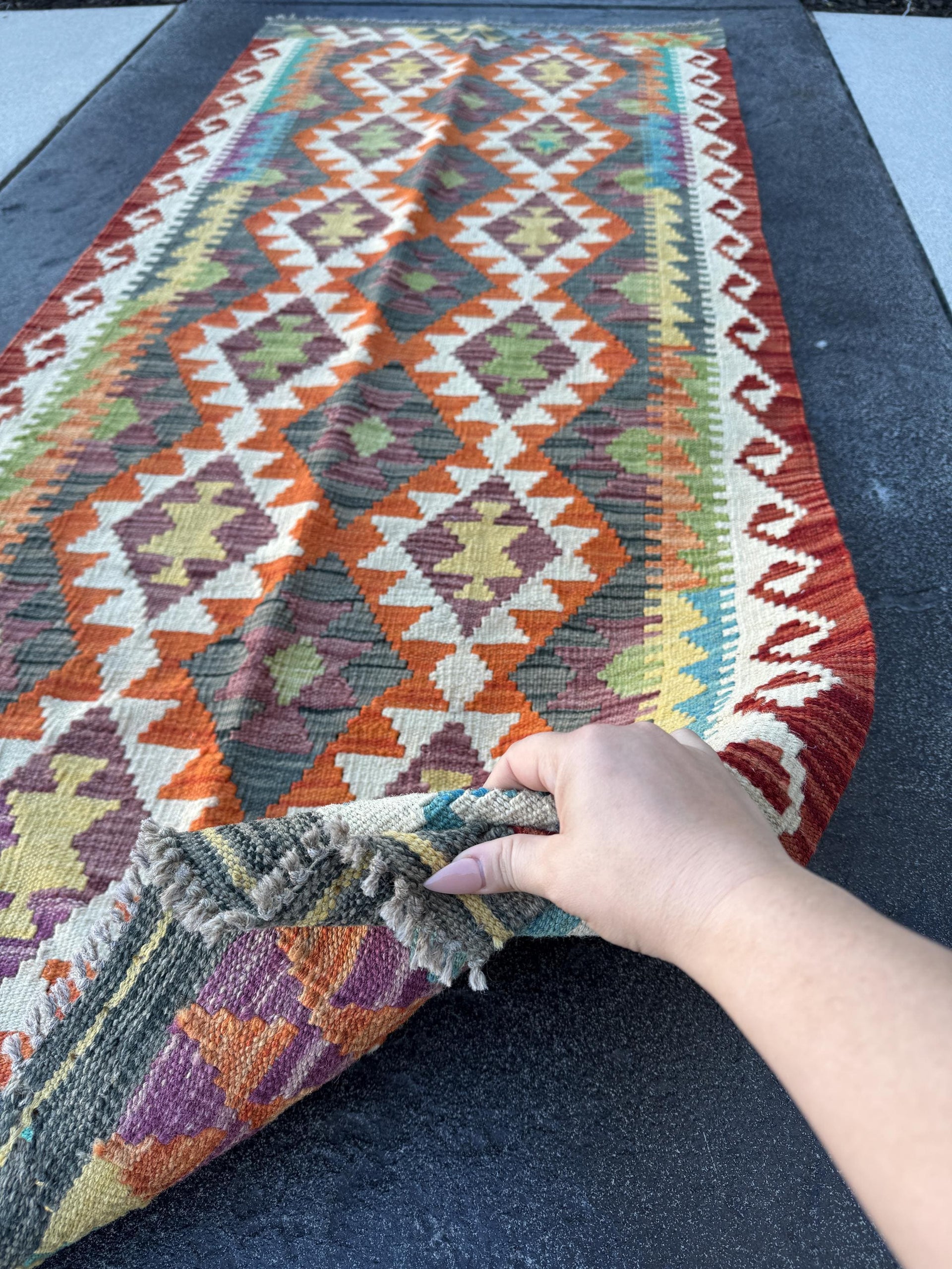 3x7 (83x200) Handmade Kilim Afghan Runner Rug | Crimson Blood Red Burnt Orange Ivory Cream Sage Green Denim Blue Turquoise Eggplant Purple