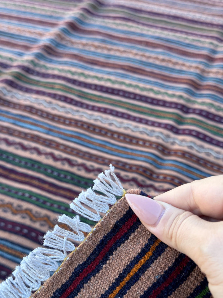 5x6 (149x193) Handmade Afghan Kilim Rug | Taupe Mocha Brown Red Sky Blue Pine Green Orange Ivory Coral | Hand Knotted Geometric Wool