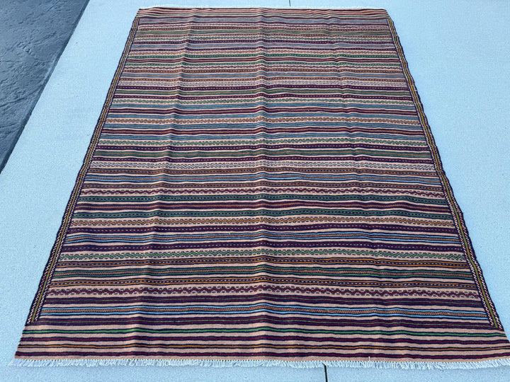 5x6 (149x193) Handmade Afghan Kilim Rug | Taupe Mocha Brown Red Sky Blue Pine Green Orange Ivory Coral | Hand Knotted Geometric Wool