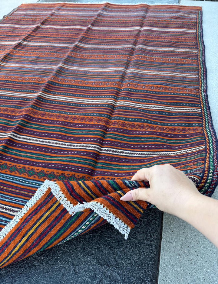 5x6 (149x193) Handmade Afghan Kilim Rug | Orange Crimson Red Light Blue Ivory Lime Green Taupe | Hand Knotted Geometric Persian Turkish Wool