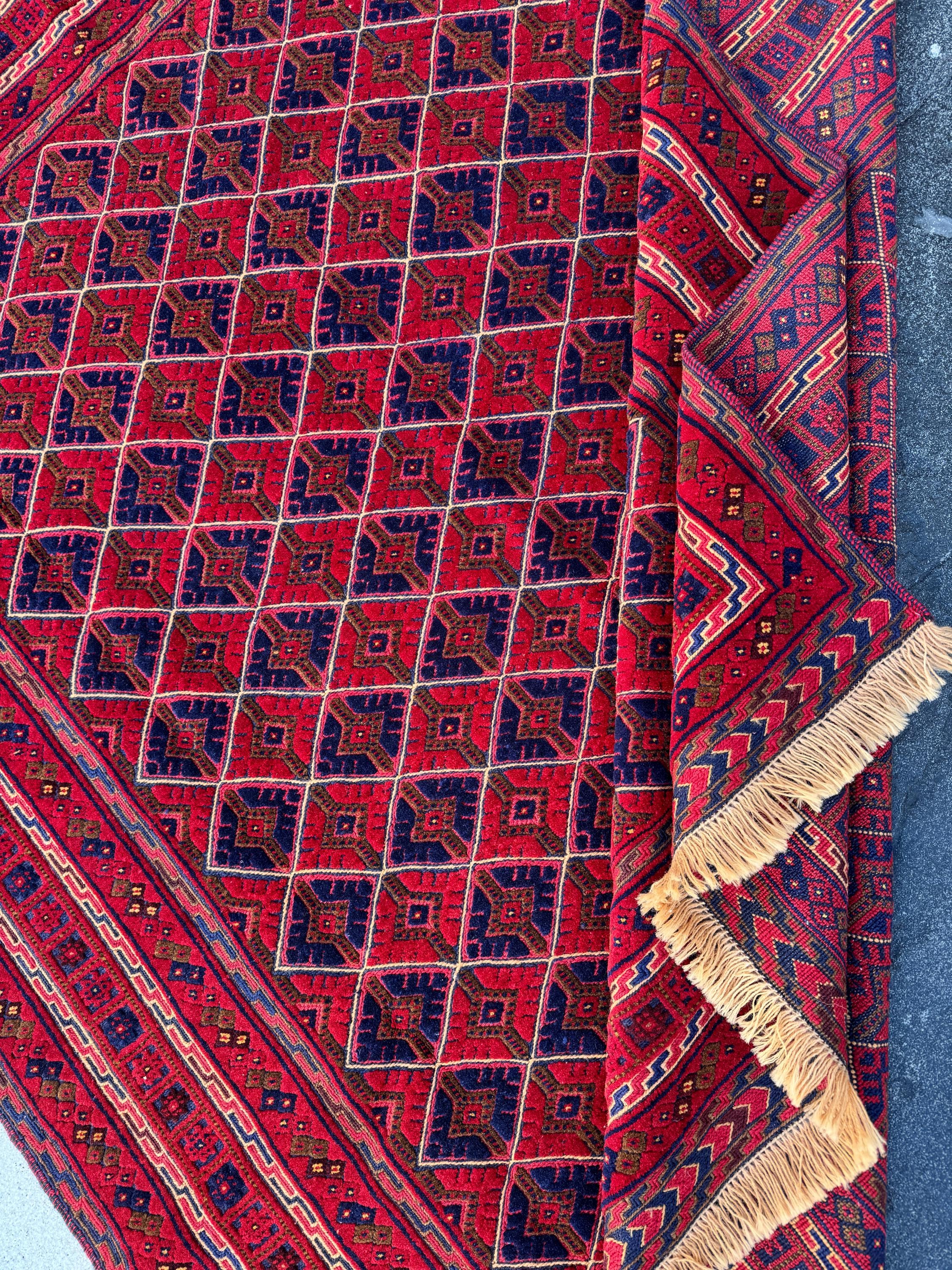 5x6 (154x193) Handmade Afghan Rug | Cherry Red Orange Black Taupe Crimson Red Midnight Blue | Hand Knotted Geometric Turkish Wool