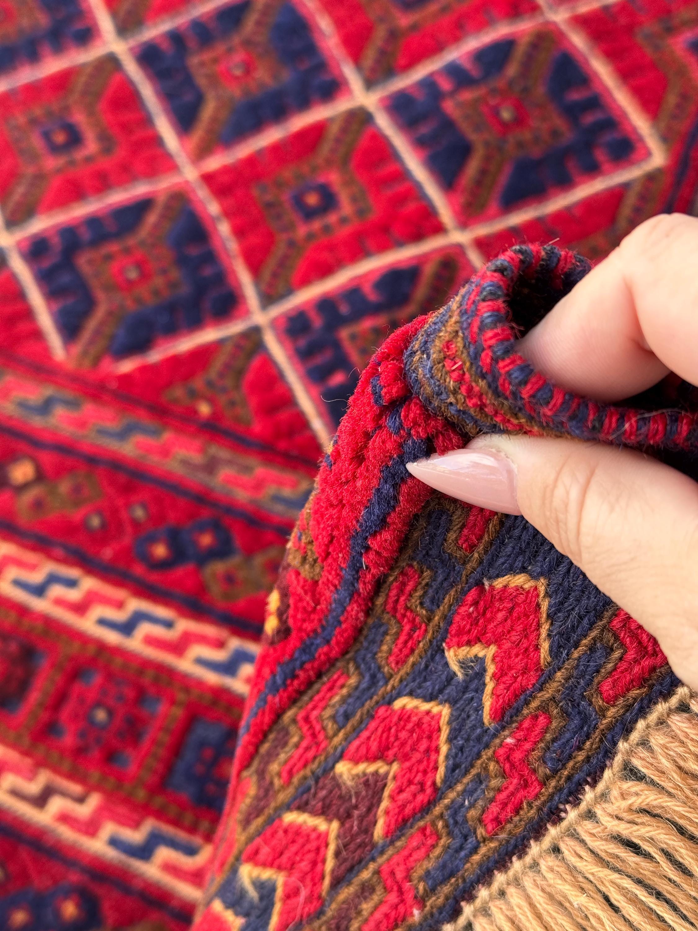 5x6 (154x193) Handmade Afghan Rug | Cherry Red Orange Black Taupe Crimson Red Midnight Blue | Hand Knotted Geometric Turkish Wool