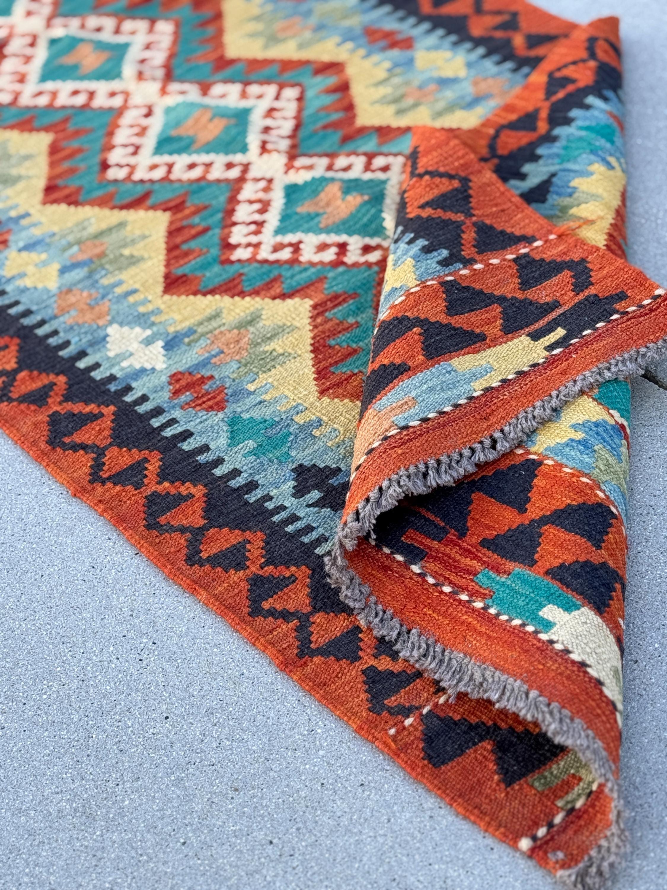 3x7 (73x198)Handmade Afghan Kilim Runner Rug | Rust Orange Cream Gold Moss Green Lavender Denim Teal Turquoise Blue Crimson Brick Red Maroon