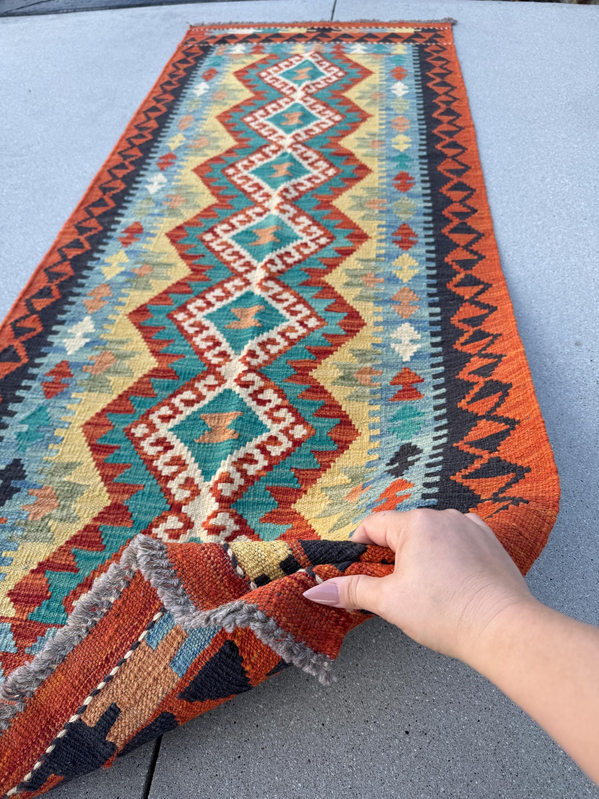 3x7 (73x198)Handmade Afghan Kilim Runner Rug | Rust Orange Cream Gold Moss Green Lavender Denim Teal Turquoise Blue Crimson Brick Red Maroon