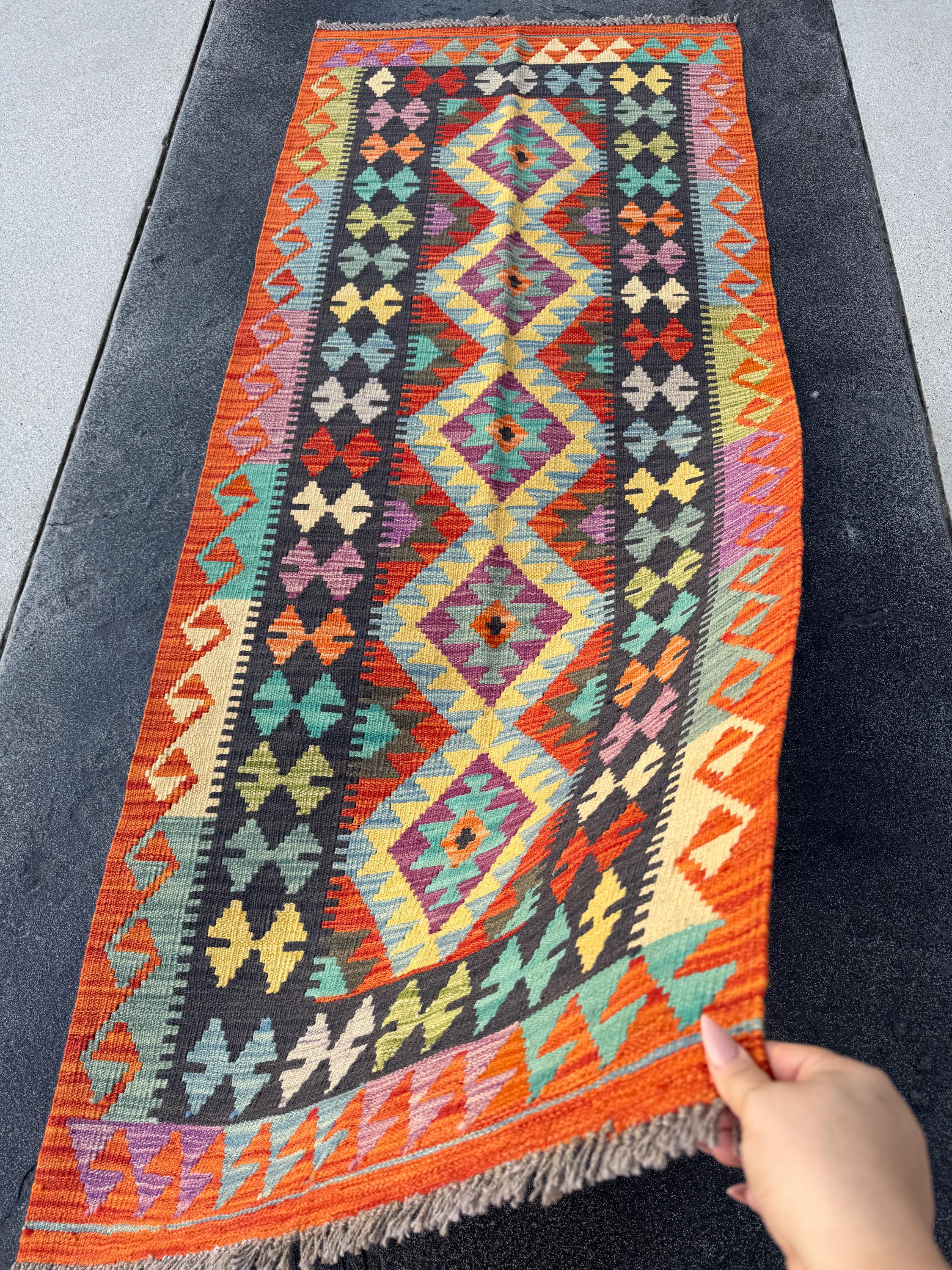 3x7 (81x200)Handmade Afghan Kilim Runner Rug | Rust Orange Cream Yellow Gold Moss Green Lavender Denim Teal Turquoise Blue Crimson Brick Red