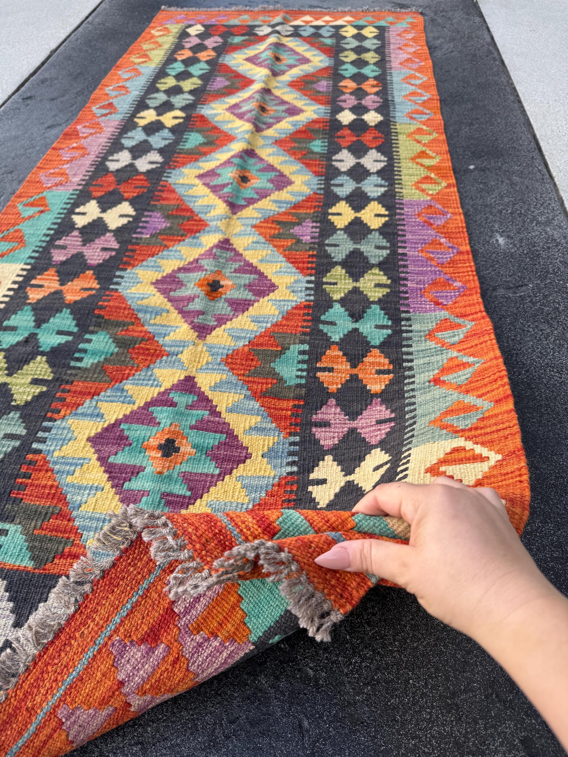 3x7 (81x200)Handmade Afghan Kilim Runner Rug | Rust Orange Cream Yellow Gold Moss Green Lavender Denim Teal Turquoise Blue Crimson Brick Red