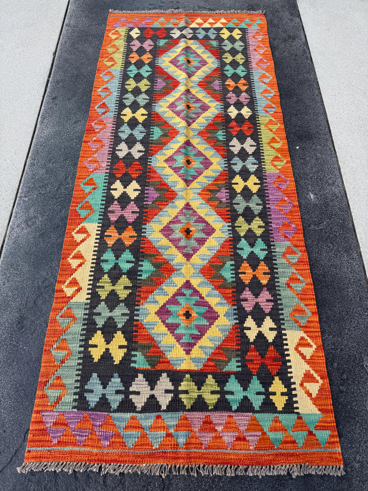 3x7 (81x200)Handmade Afghan Kilim Runner Rug | Rust Orange Cream Yellow Gold Moss Green Lavender Denim Teal Turquoise Blue Crimson Brick Red