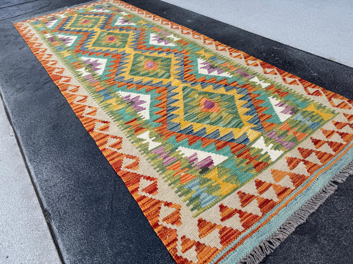 3x7 (81x210) Handmade Afghan Kilim Runner Rug | Moss Green Teal Turquoise Rust Orange Cream Gold Purple Denim Blue Crimson Brick Red Maroon