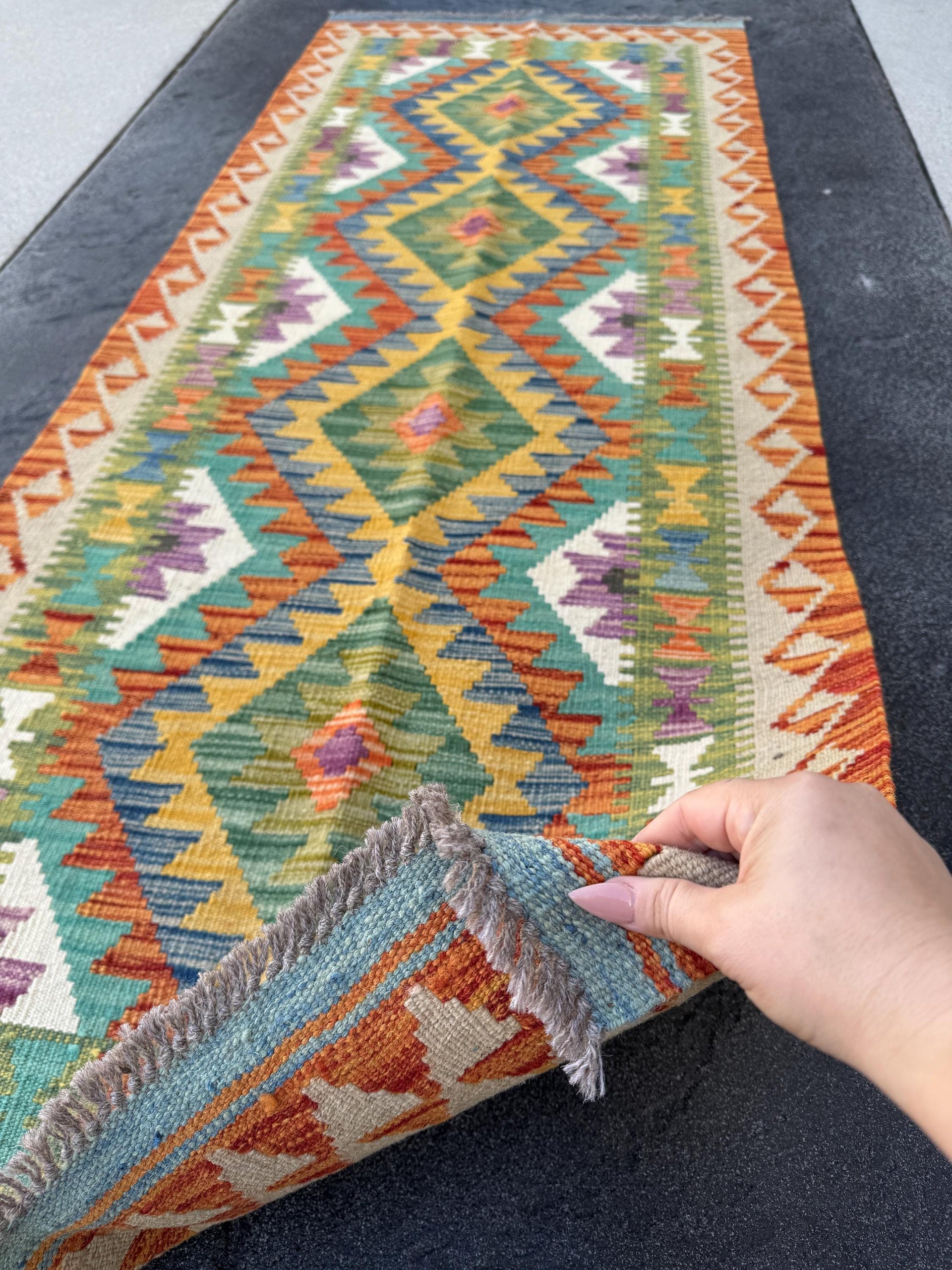 3x7 (81x210) Handmade Afghan Kilim Runner Rug | Moss Green Teal Turquoise Rust Orange Cream Gold Purple Denim Blue Crimson Brick Red Maroon