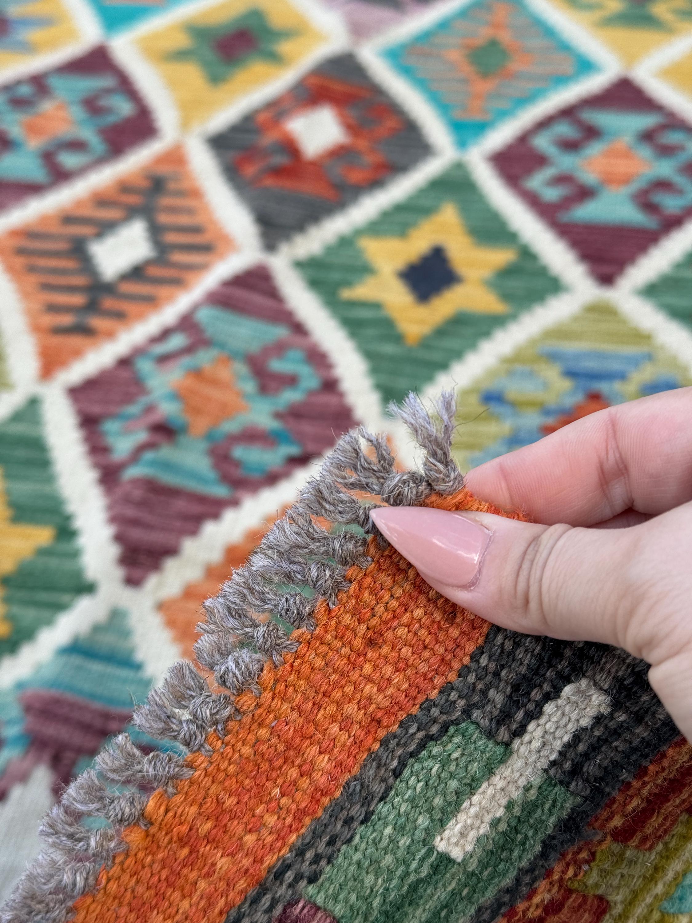 3x7 (88x218) Handmade Afghan Kilim Runner Rug | Brick Red Burnt Orange Charcoal Grey Denim Sky Blue Cornsilk Olive Yellow Purple Lilac