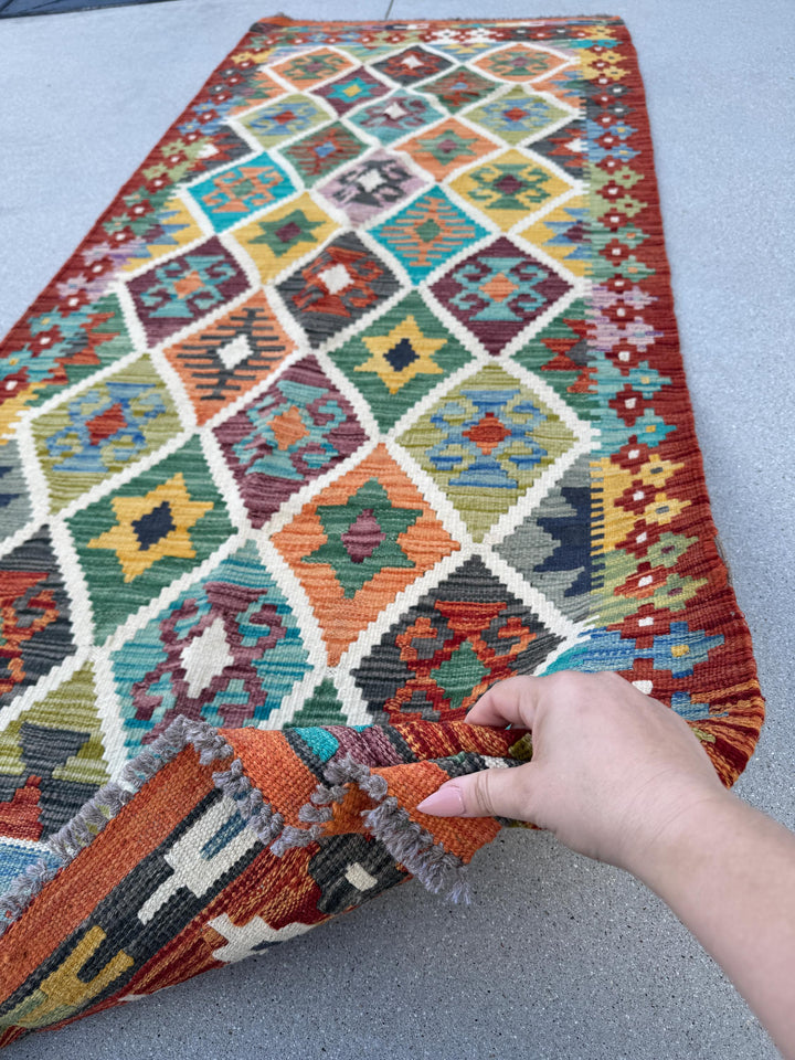 3x7 (88x218) Handmade Afghan Kilim Runner Rug | Brick Red Burnt Orange Charcoal Grey Denim Sky Blue Cornsilk Olive Yellow Purple Lilac