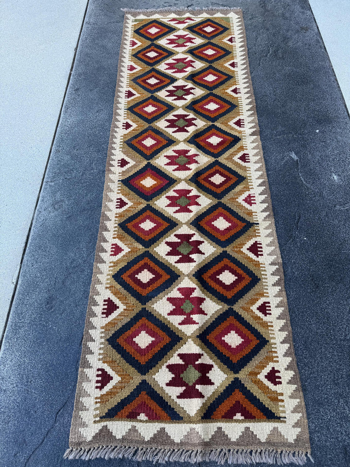 3x7 (63x200) Handmade Afghan Kilim Runner Rug | Cream Ivory Maroon Blood Red Auburn Charcoal Grey Olive Green Carmel Brown Tan Orange Black