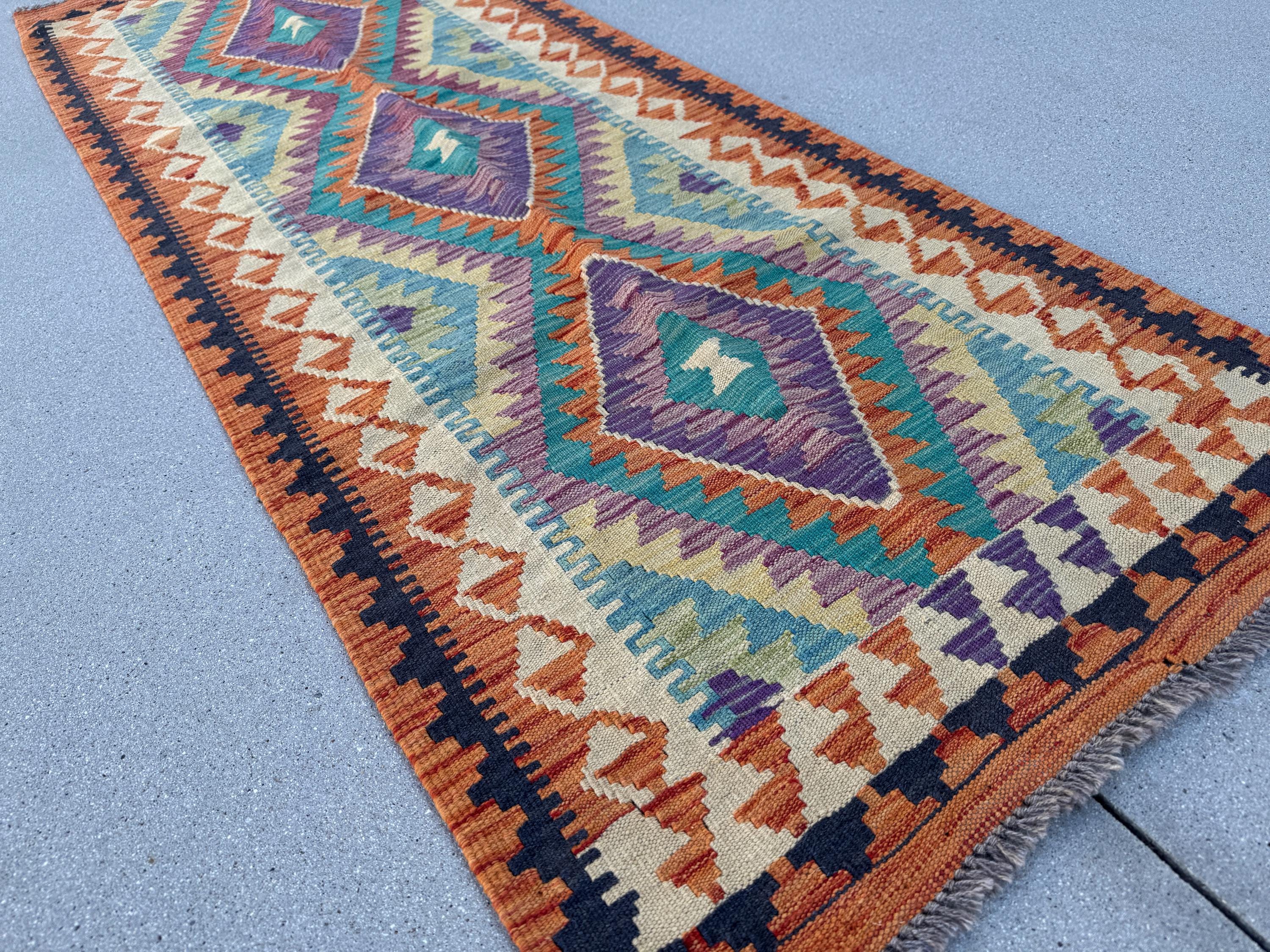 2-3x7 (66x213) Handmade Afghan Kilim Runner Rug Orange Black Cream Sand Brown Mint Green Teal Aqua Denim Midnight Blue Plum Eggplant Purple