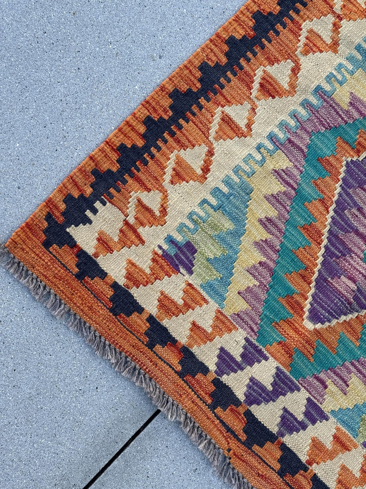 2-3x7 (66x213) Handmade Afghan Kilim Runner Rug Orange Black Cream Sand Brown Mint Green Teal Aqua Denim Midnight Blue Plum Eggplant Purple