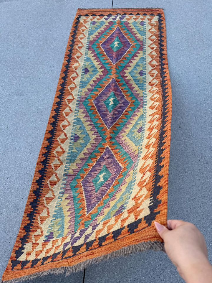 2-3x7 (66x213) Handmade Afghan Kilim Runner Rug Orange Black Cream Sand Brown Mint Green Teal Aqua Denim Midnight Blue Plum Eggplant Purple