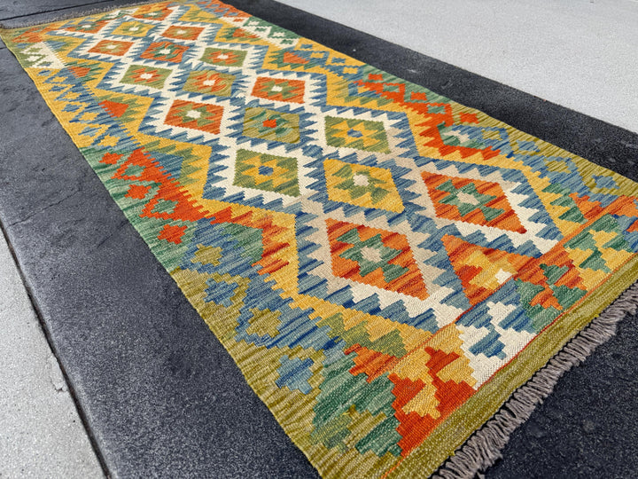 3x7 (90x213) Handmade Afghan Kilim Runner Rug | Olive Moss Forest Pine Green Denim Blue Cream Gold Mustard Yellow Orange | Wool Flatweave