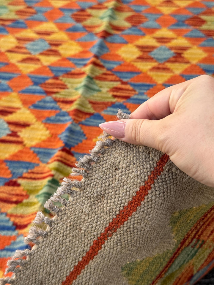 3x7 Handmade Afghan Kilim Runner Rug | Sand Cream Tan Brown Brick Maroon Red Burnt Orange Gold Mustard Yellow Olive Moss Green Denim Blue