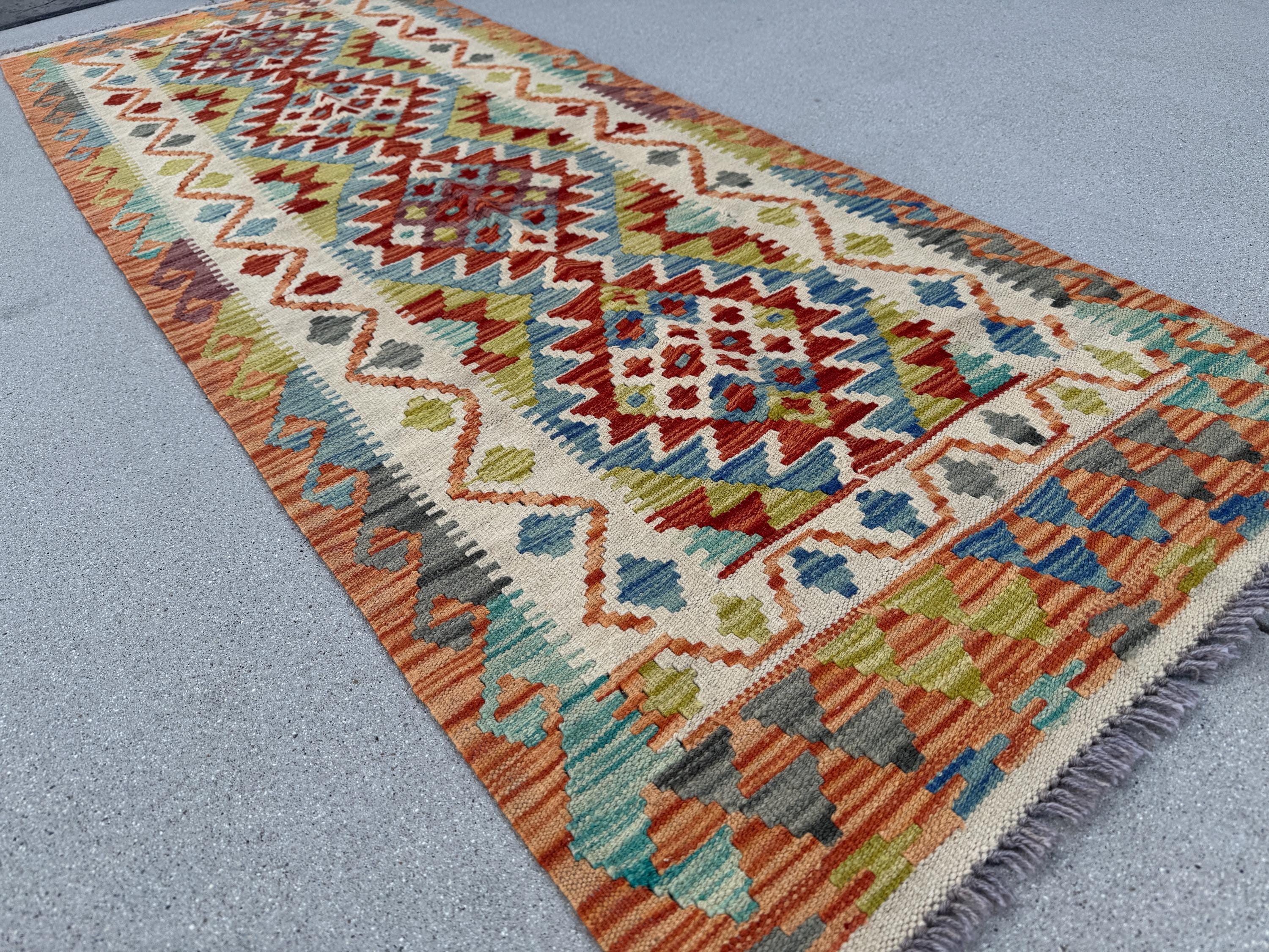 2-3x7 (76x213) Handmade Afghan Kilim Runner Rug | Orange Cream Blood Crimson Red Grey Denim Sky Blue White Moss Olive Green Eggplant Purple