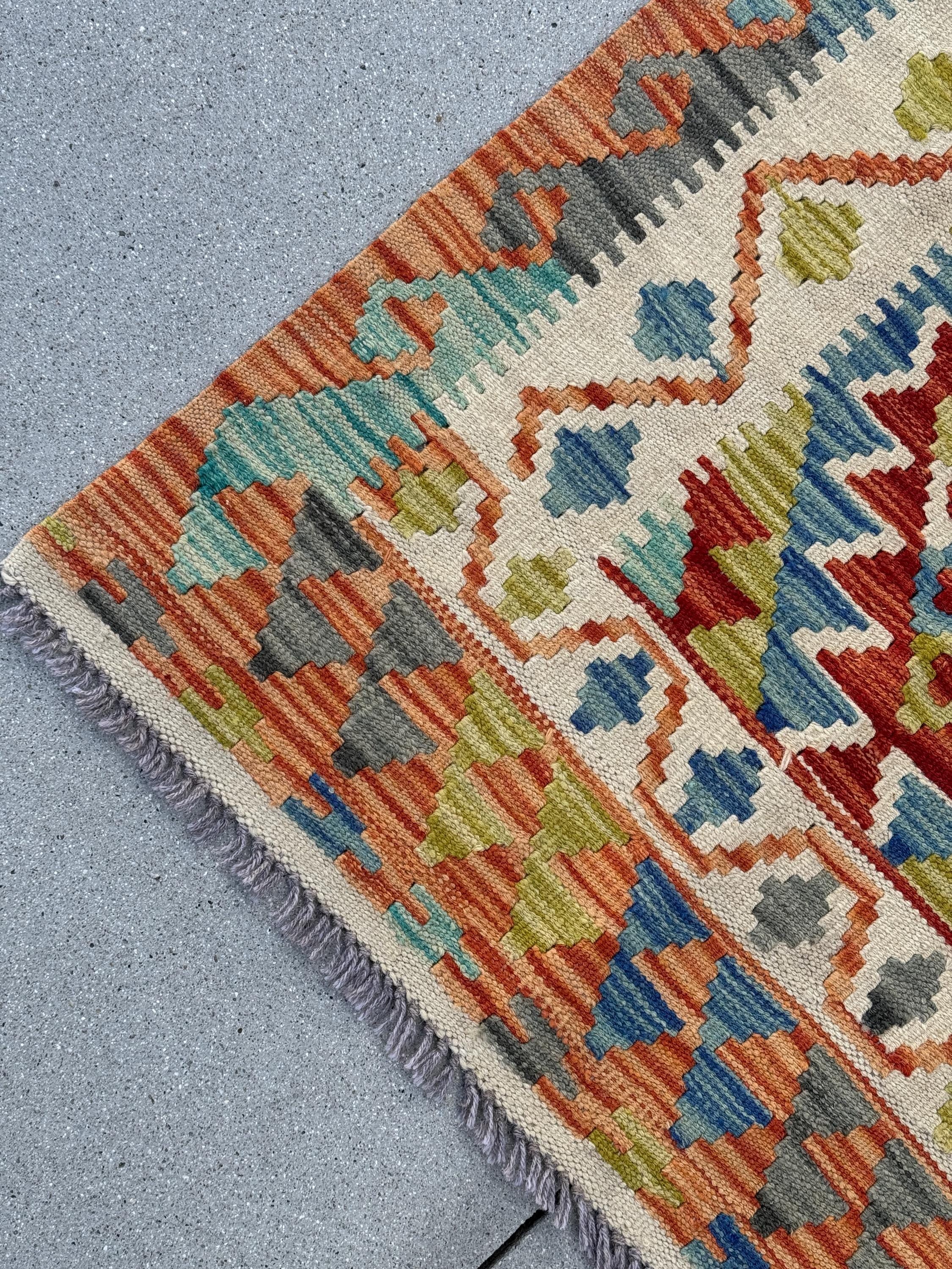 2-3x7 (76x213) Handmade Afghan Kilim Runner Rug | Orange Cream Blood Crimson Red Grey Denim Sky Blue White Moss Olive Green Eggplant Purple