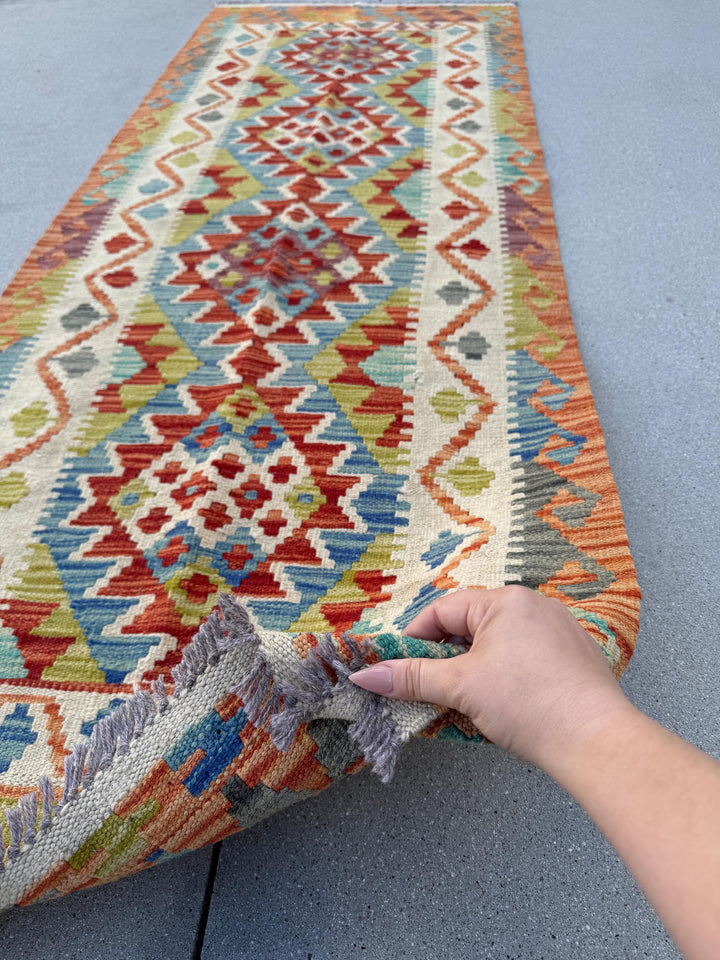 2-3x7 (76x213) Handmade Afghan Kilim Runner Rug | Orange Cream Blood Crimson Red Grey Denim Sky Blue White Moss Olive Green Eggplant Purple