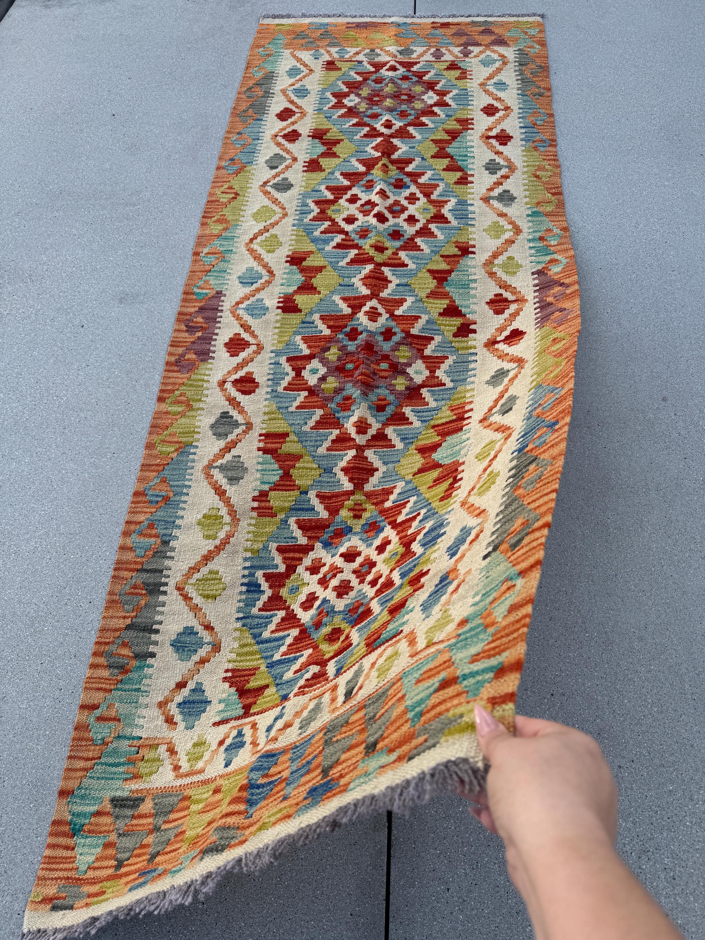 2-3x7 (76x213) Handmade Afghan Kilim Runner Rug | Orange Cream Blood Crimson Red Grey Denim Sky Blue White Moss Olive Green Eggplant Purple