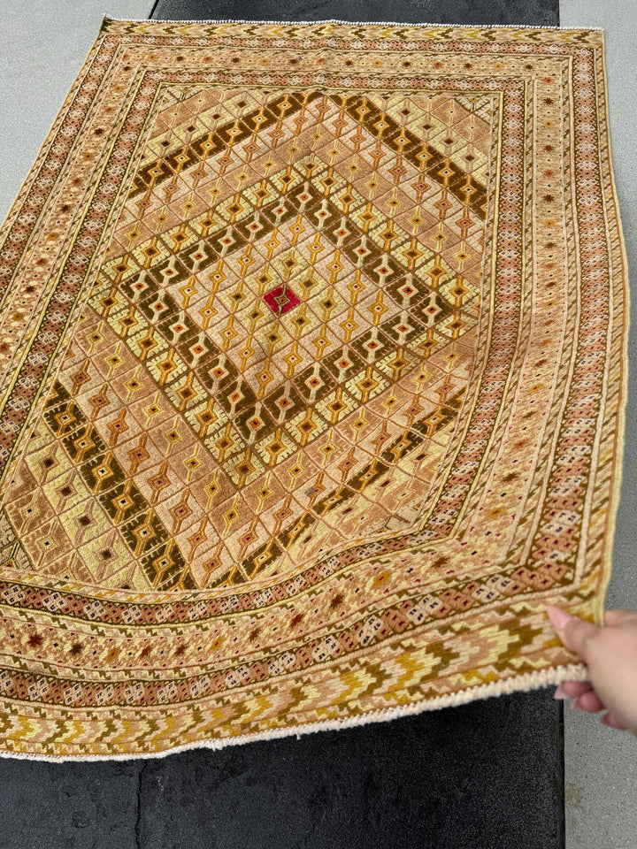 5x7 (147x195) Handmade Kilim Afghan Rug | Gold Saffron Mustard Yellow Beige Taupe Tan Caramel Brown Burnt Orange Garnet Red | Flatweave Wool