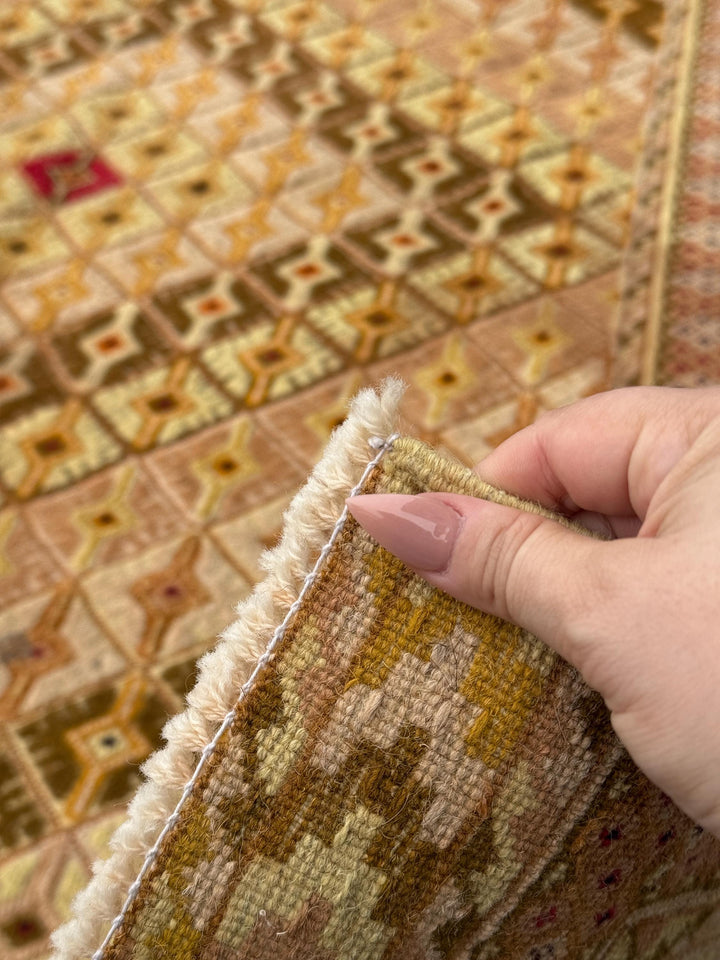 5x7 (147x195) Handmade Kilim Afghan Rug | Gold Saffron Mustard Yellow Beige Taupe Tan Caramel Brown Burnt Orange Garnet Red | Flatweave Wool