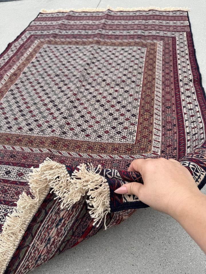 4x6 (119x187) Handmade Vintage Soumak Afghan Rug | Crimson Garnet Brick Ruby Blood Red Auburn Maroon Taupe Ivory Cream Prussian Blue Black