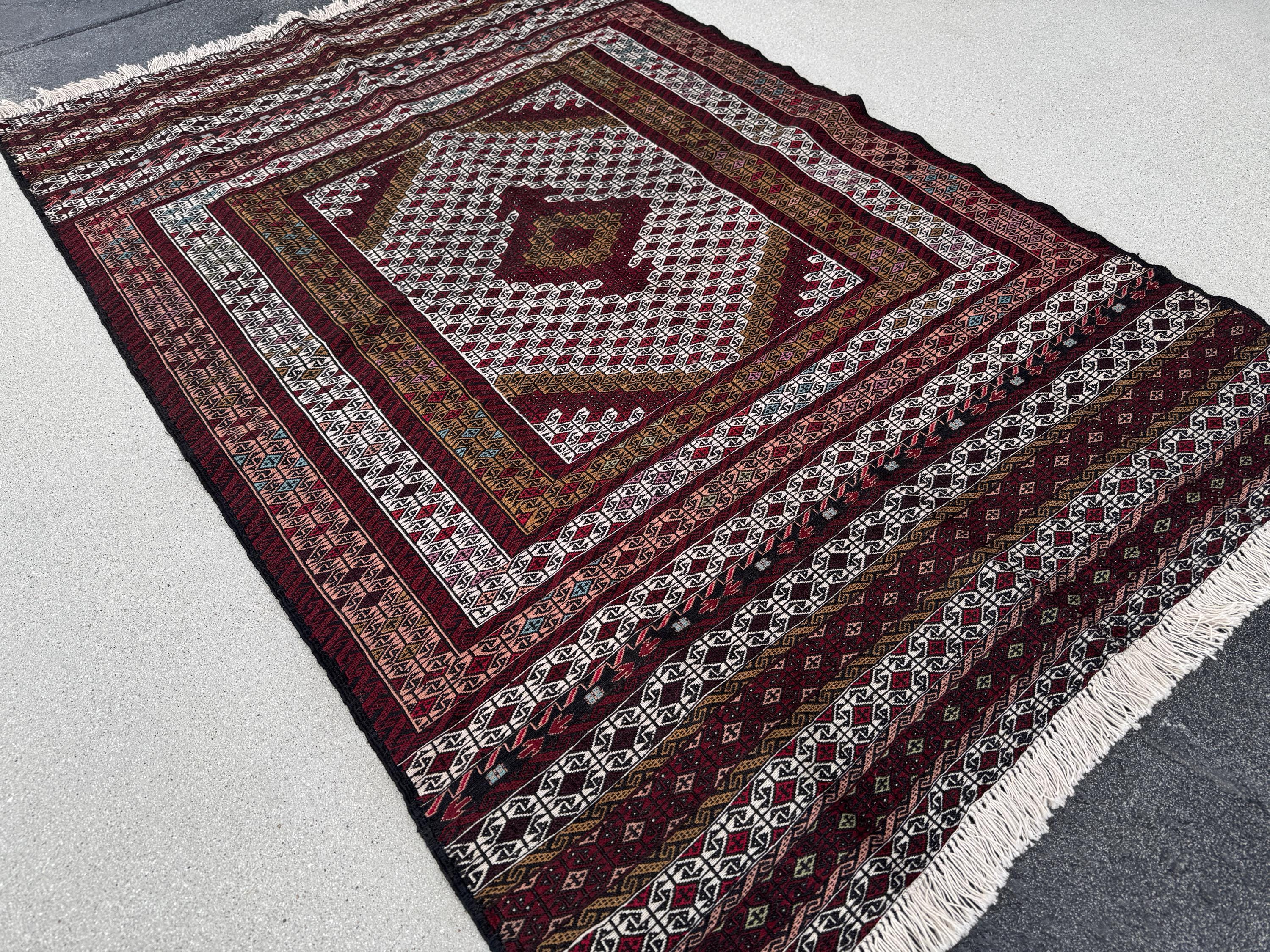 4x6 (127x205) Handmade Vintage Soumak Afghan Rug | Crimson Garnet Brick Ruby Blood Red Auburn Maroon Taupe Ivory Cream Prussian Blue Black