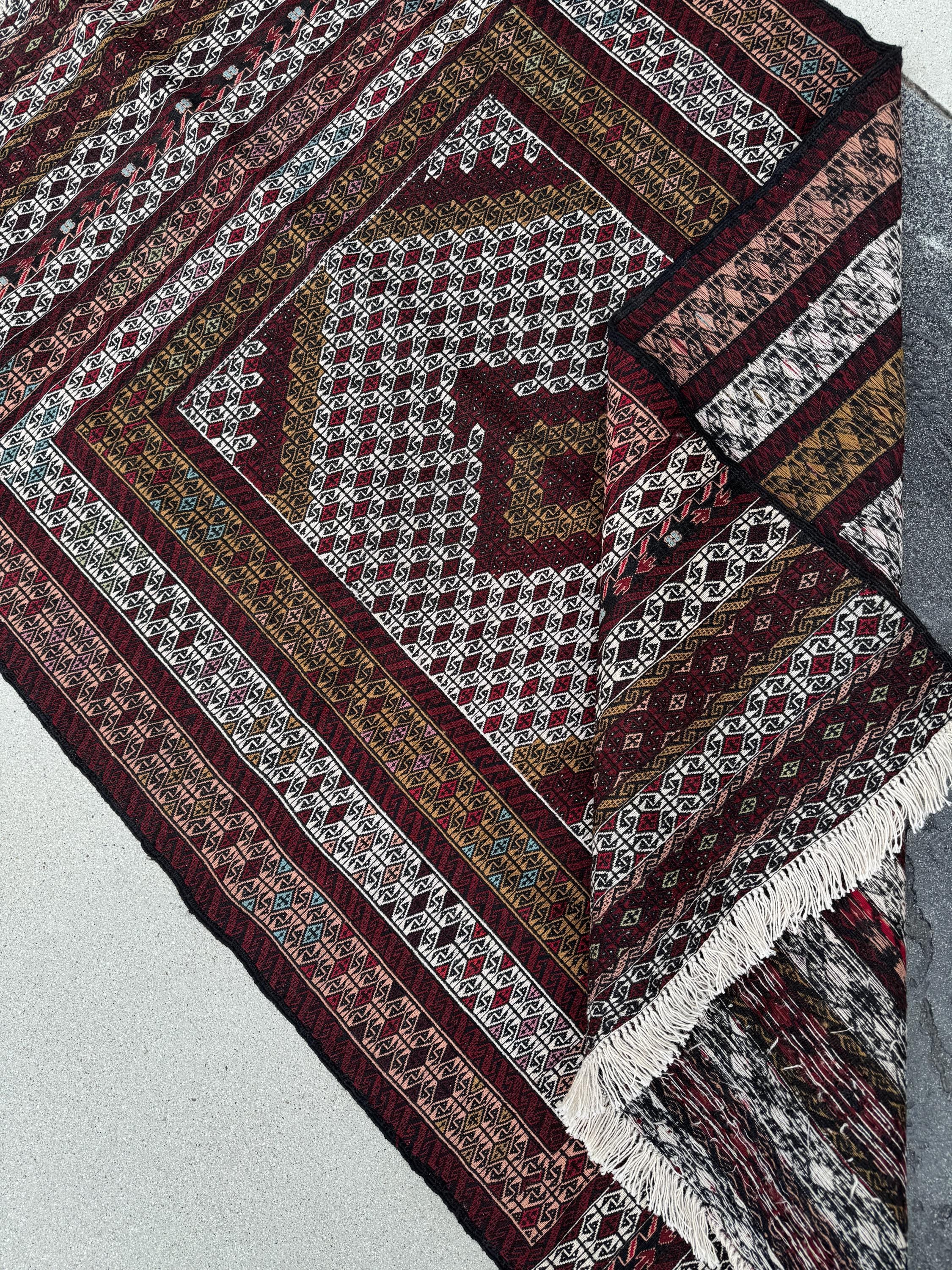 4x6 (127x205) Handmade Vintage Soumak Afghan Rug | Crimson Garnet Brick Ruby Blood Red Auburn Maroon Taupe Ivory Cream Prussian Blue Black